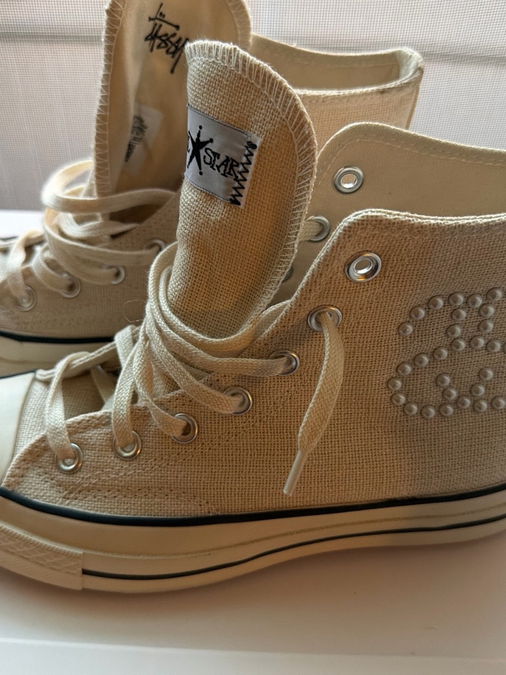 Stussy x Converse Cream High-Top Canvas Sneakers with Studded Logo
